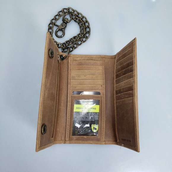 Men's Brown Leather Trifold Motorcycle Chain Deluxe Wallet RFID Check Book - Picture 4 of 6